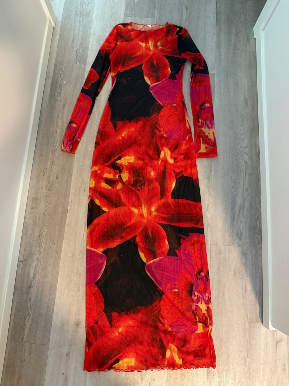 SAME Mesh Maxi Dress Red Tropical Print